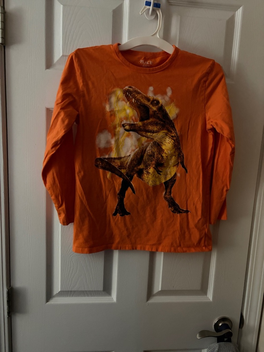 Place Orange Long Sleeve Tee with Roaring Dinosaur Print